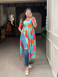 Vibrant Multicolor Printed Rayon Cotton Nayra Cut Kurti with Drawstring Tassels