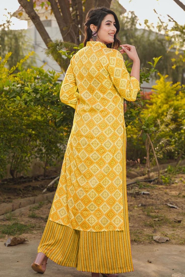 Women's Rayon Digital Print Yellow Kurti with Palazzo Pants Set