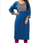 Women's Embroidered Rayon Blend Blue Straight Kurta