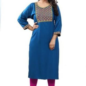 Women’s Embroidered Rayon Blend Blue Straight Kurta