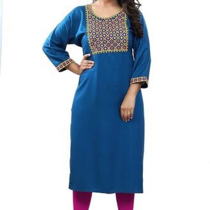 Women's Embroidered Rayon Blend Blue Straight Kurta