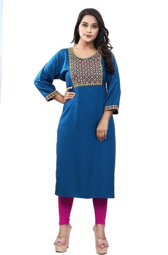 Women's Embroidered Rayon Blend Blue Straight Kurta