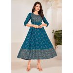 Dark Teal Blue Rayon A-Line Kurti/Gown with Elegant Golden Prints