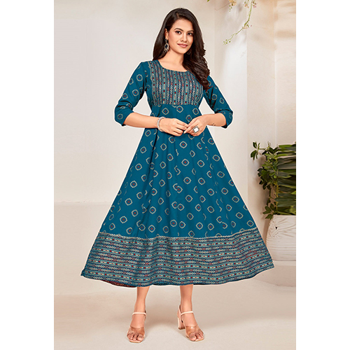 Dark Teal Blue Rayon A-Line Kurti/Gown with Elegant Golden Prints