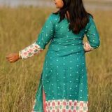 Women's Teal Green Polka Dot Cotton Kurta with Printed Sleeves and Hem