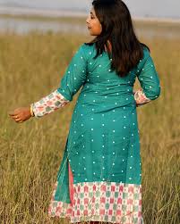 Women's Teal Green Polka Dot Cotton Kurta with Printed Sleeves and Hem