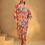 Beige Silk Floral Print Indo-Western Draped Kaftan Kurti