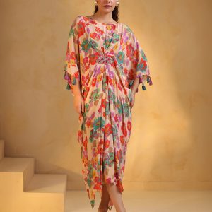 Beige Silk Floral Print Indo-Western Draped Kaftan Kurti