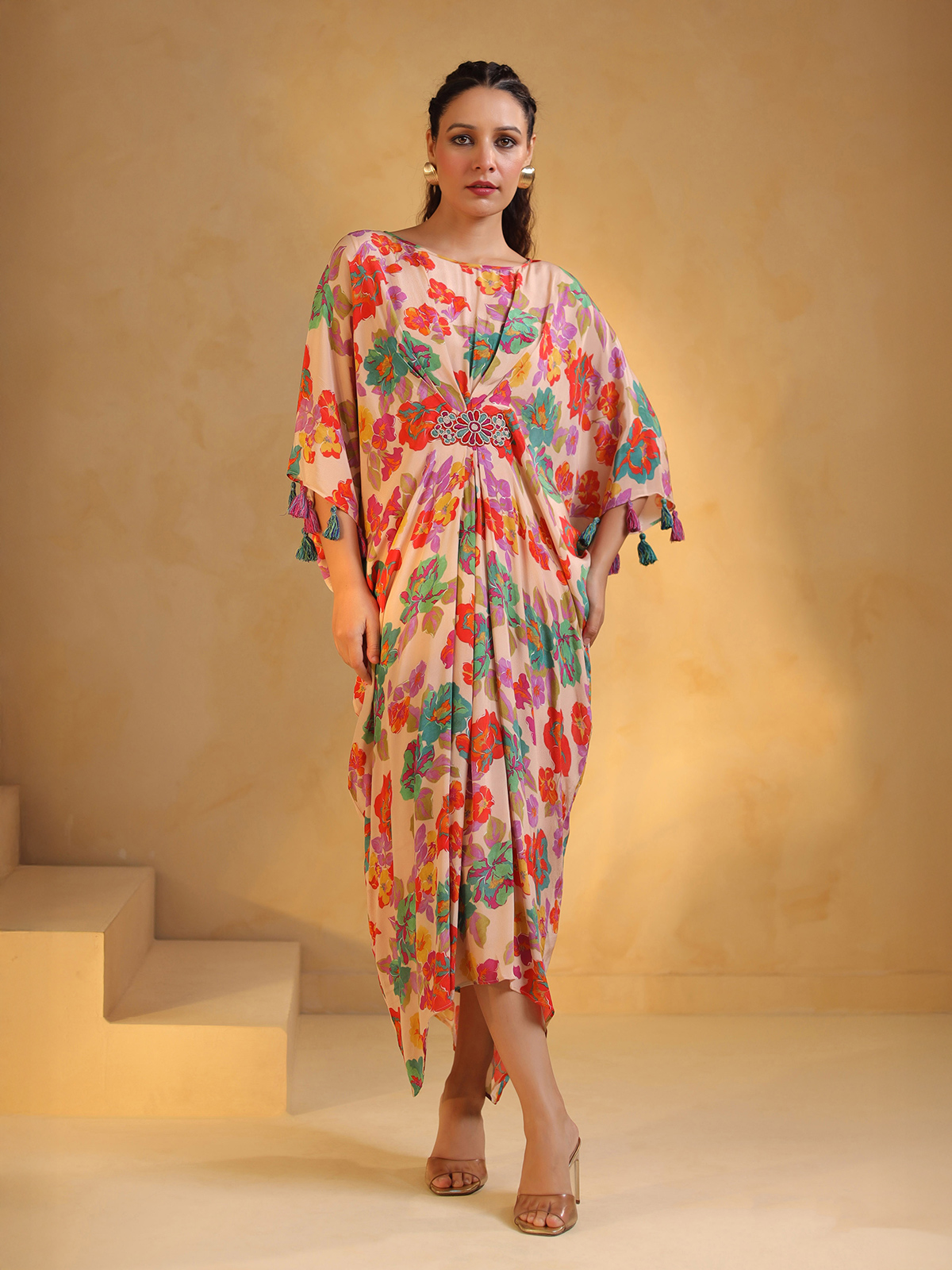 Beige Silk Floral Print Indo-Western Draped Kaftan Kurti