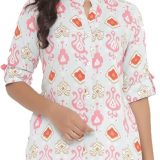 Light Blue & Pink Printed Cotton Mandarin Collar Straight Kurta/Tunic for Women