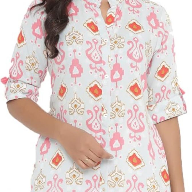Light Blue & Pink Printed Cotton Mandarin Collar Straight Kurta/Tunic for Women