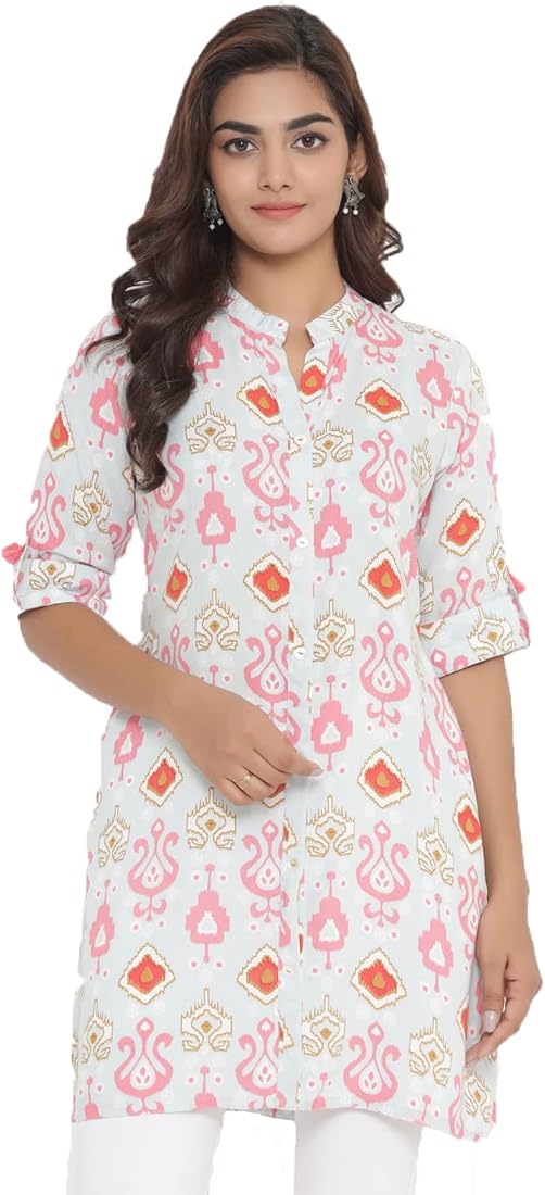 Light Blue & Pink Printed Cotton Mandarin Collar Straight Kurta/Tunic for Women