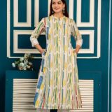 Women's White & Multicolor Striped Cotton A-Line Kurti with White Pants