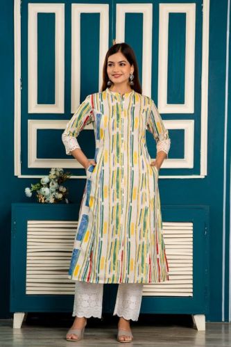 Women's White & Multicolor Striped Cotton A-Line Kurti with White Pants