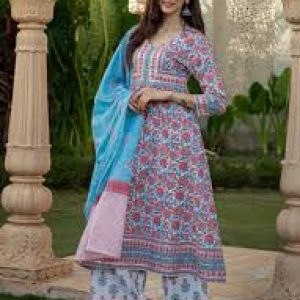 Women’s Multi-Color Floral Print Cotton Anarkali Kurta with Palazzo Pants and Dupatta