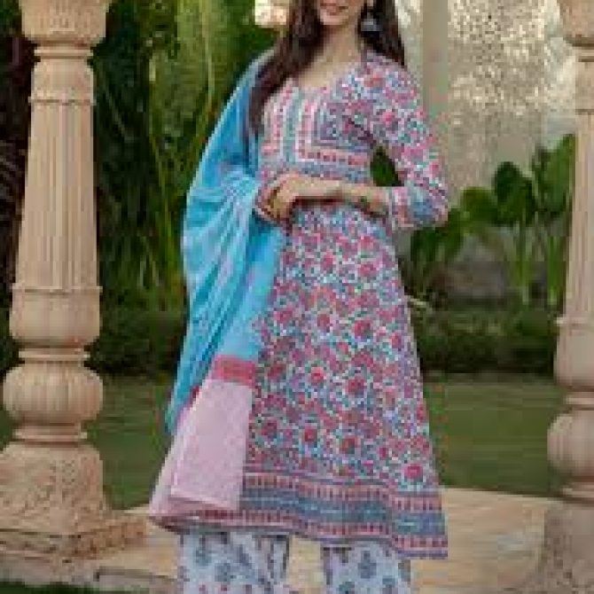 Women's Multi-Color Floral Print Cotton Anarkali Kurta with Palazzo Pants and Dupatta