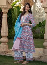 Women's Multi-Color Floral Print Cotton Anarkali Kurta with Palazzo Pants and Dupatta