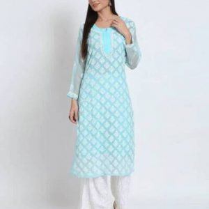 Women’s Light Blue Lucknowi Chikankari Embroidered Cotton Blend Kurta/Kurti