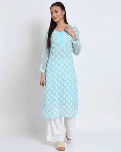 Women's Light Blue Lucknowi Chikankari Embroidered Cotton Blend Kurta/Kurti