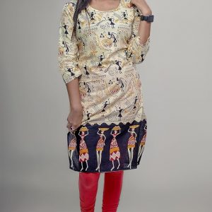 Women’s Cream Warli Art Print Straight Kurta with Red Leggings