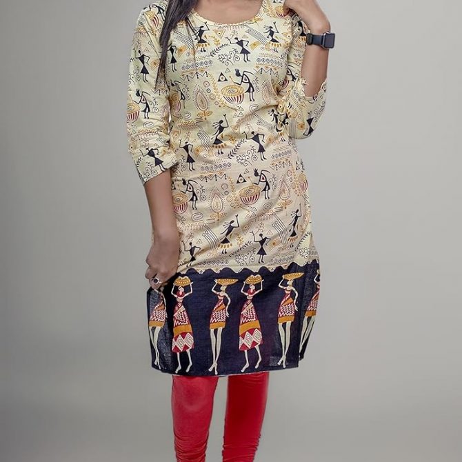 Women's Cream Warli Art Print Straight Kurta with Red Leggings