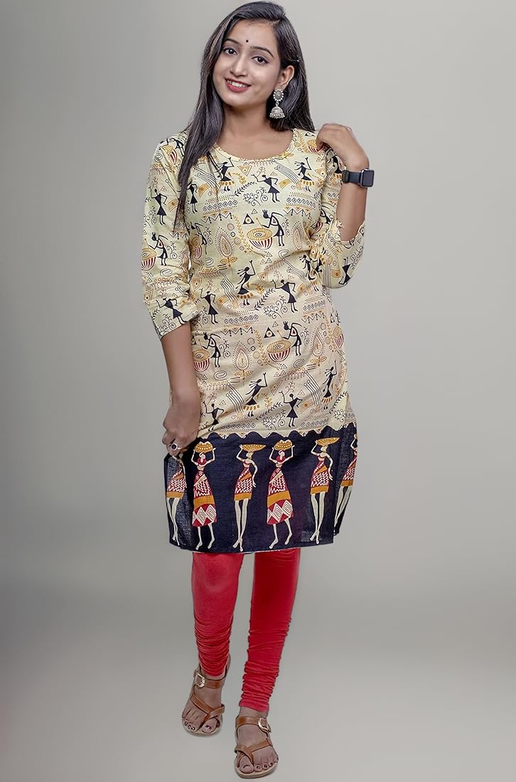 Women's Cream Warli Art Print Straight Kurta with Red Leggings