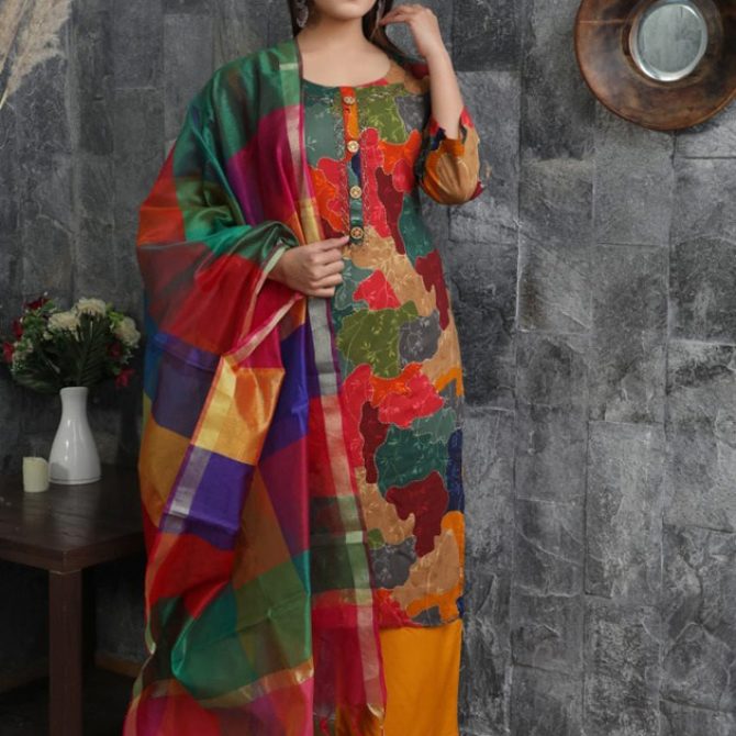 Vibrant Multi-Color Printed Kurti with Palazzo Pants and Dupatta Set