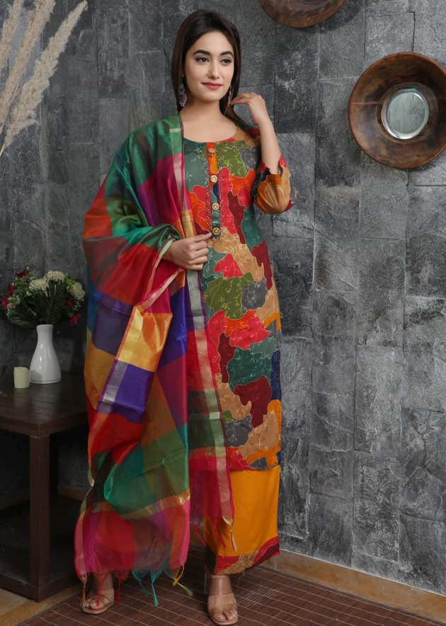 Vibrant Multi-Color Printed Kurti with Palazzo Pants and Dupatta Set