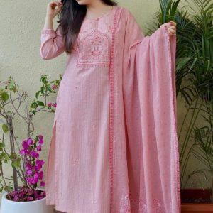 Women’s Blush Pink Embroidered Cotton Straight Kurta with Palazzo Pants and Dupatta Set