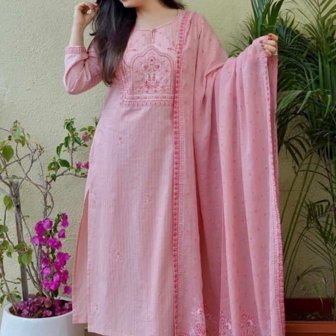 Women's Blush Pink Embroidered Cotton Straight Kurta with Palazzo Pants and Dupatta Set