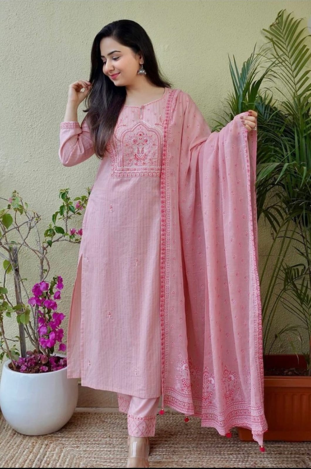Women's Blush Pink Embroidered Cotton Straight Kurta with Palazzo Pants and Dupatta Set