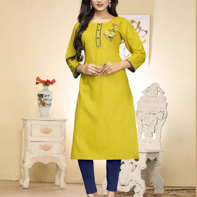 Aradhna Parrot Vol 3 Yellow Cotton Blend Straight Kurti Tunic