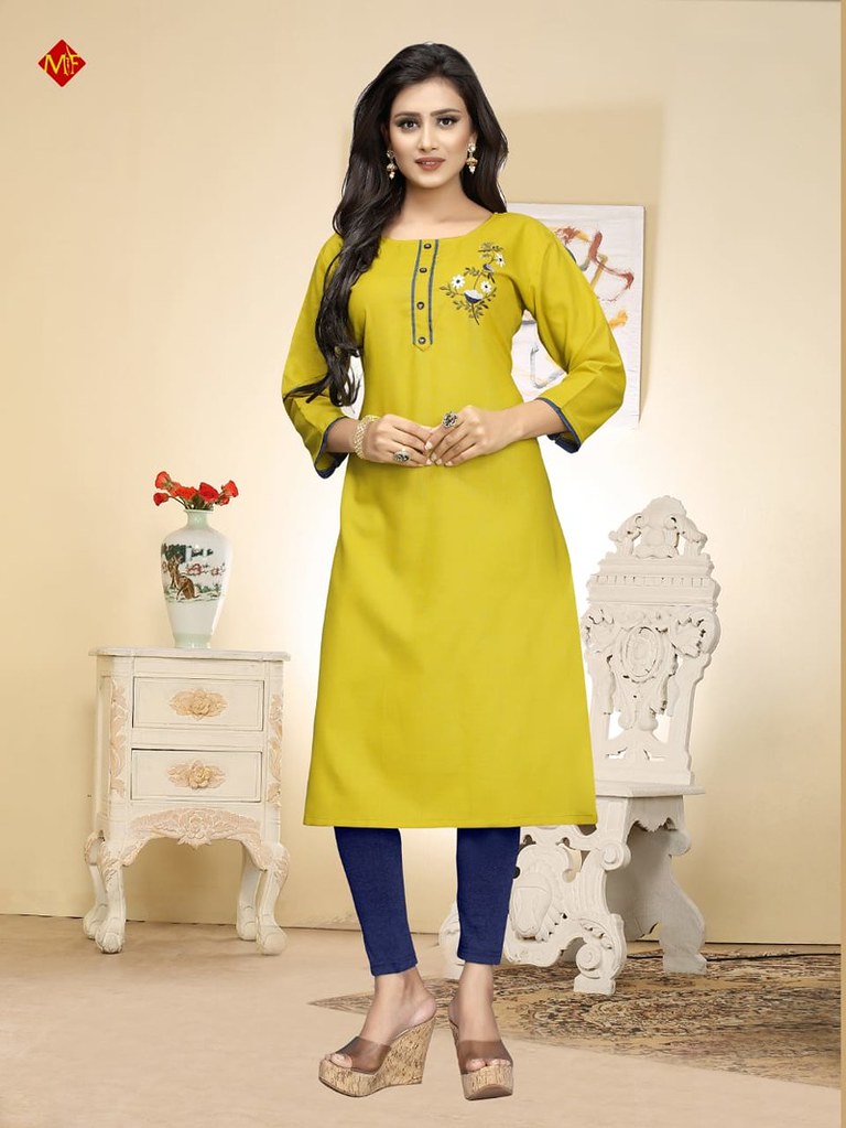 Aradhna Parrot Vol 3 Yellow Cotton Blend Straight Kurti Tunic