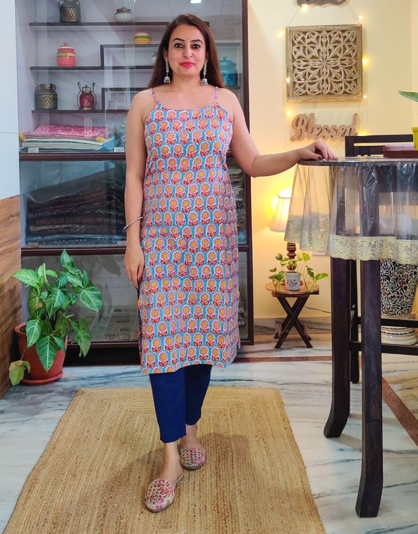Women's Floral Cotton Spaghetti Strap Kurti - Summer Ready Tunic