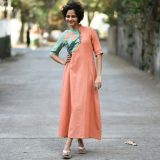 Peach Handloom Cotton Mandarin Collar A-Line Kurta Dress with Floral Embroidery