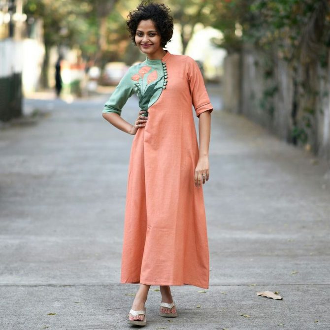 Peach Handloom Cotton Mandarin Collar A-Line Kurta Dress with Floral Embroidery