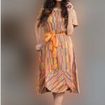 Women's Multi-Color Striped Cotton Blend Short Sleeve Midi Dress with Tie-Up Belt