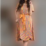 Women's Multi-Color Striped Cotton Blend Short Sleeve Midi Dress with Tie-Up Belt