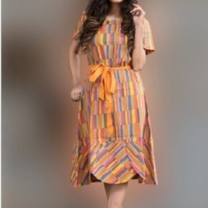 Women's Multi-Color Striped Cotton Blend Short Sleeve Midi Dress with Tie-Up Belt