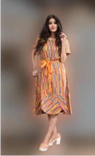 Women's Multi-Color Striped Cotton Blend Short Sleeve Midi Dress with Tie-Up Belt