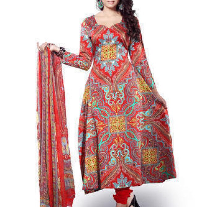 Elegant Red & Green Digital Print Anarkali Style Salwar Suit with Dupatta