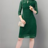 SHEETAL ASSOCIATES Women's Green Lace Bodycon Dress - Boat Neck, 3/4 Sleeves