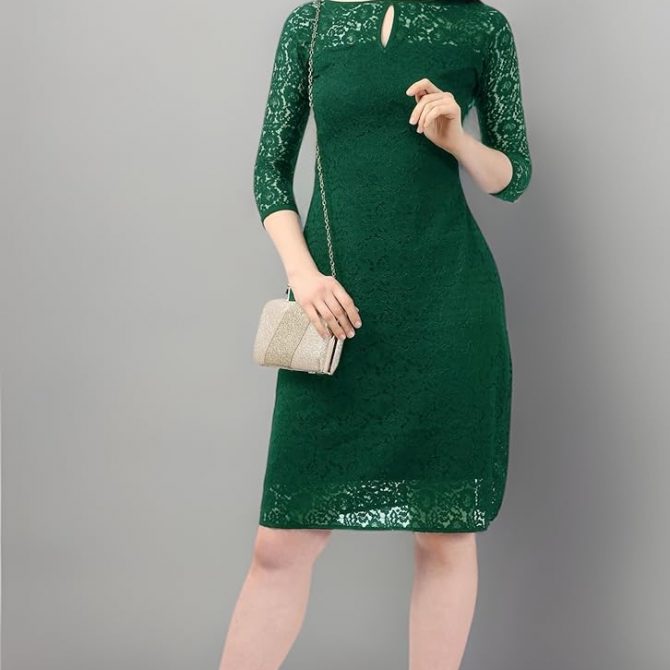 SHEETAL ASSOCIATES Women's Green Lace Bodycon Dress - Boat Neck, 3/4 Sleeves