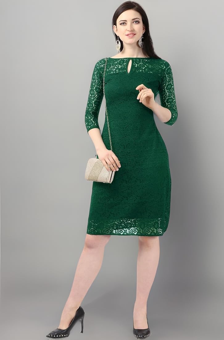 SHEETAL ASSOCIATES Women's Green Lace Bodycon Dress - Boat Neck, 3/4 Sleeves