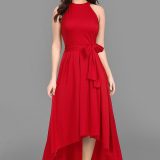 Women's Solid Red Halter Neck High-Low Hem Party Dress with Waist Tie-Up