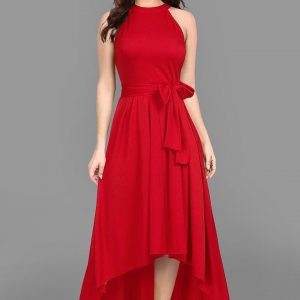 Women’s Solid Red Halter Neck High-Low Hem Party Dress with Waist Tie-Up