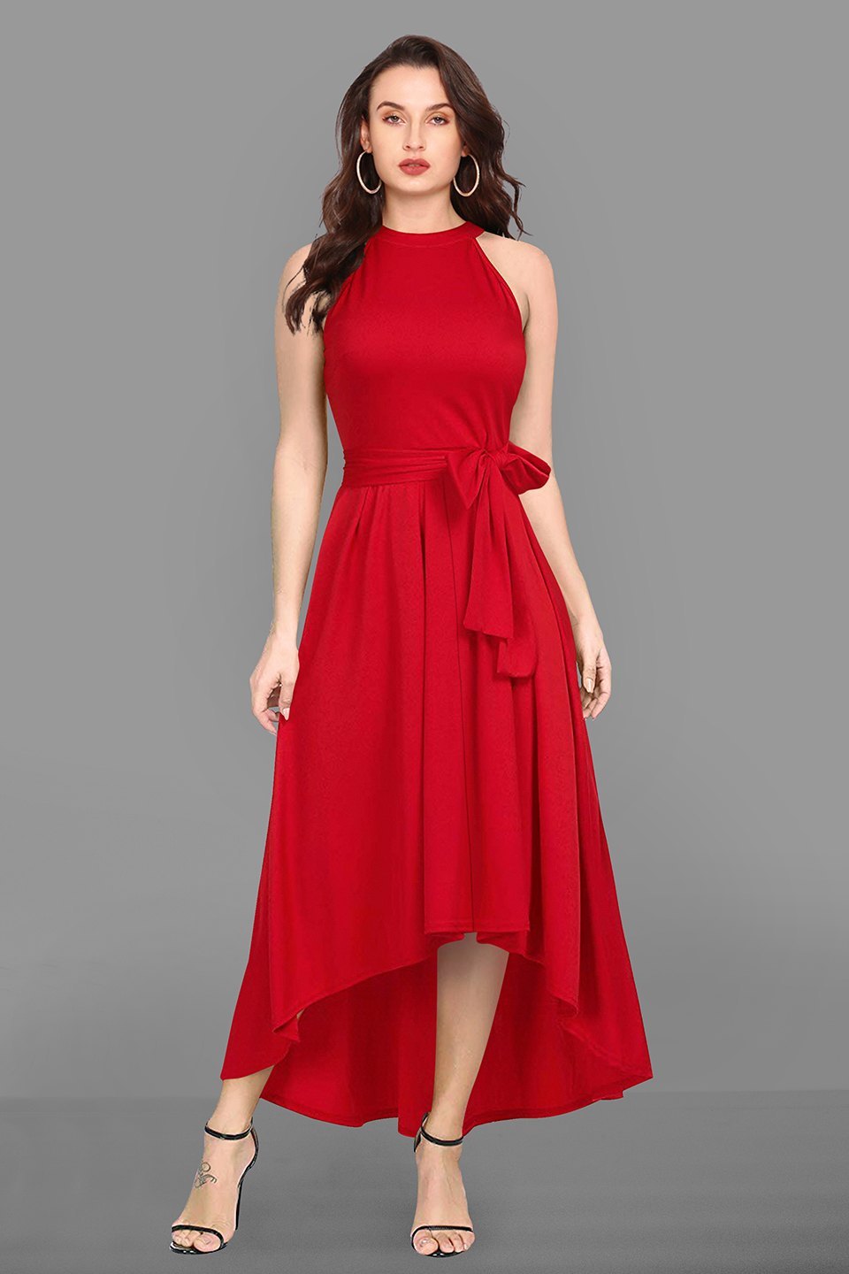 Women's Solid Red Halter Neck High-Low Hem Party Dress with Waist Tie-Up