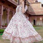 Women's Rayon Floral Print Flared Anarkali Kurti/Gown - White & Brown