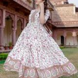 Women's Rayon Floral Print Flared Anarkali Kurti/Gown - White & Brown