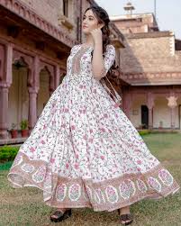 Women's Rayon Floral Print Flared Anarkali Kurti/Gown - White & Brown